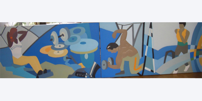 Abstraktes Sportmotiv im Fitnesscenter – Öl auf Leinwand, 6m × 1,50m